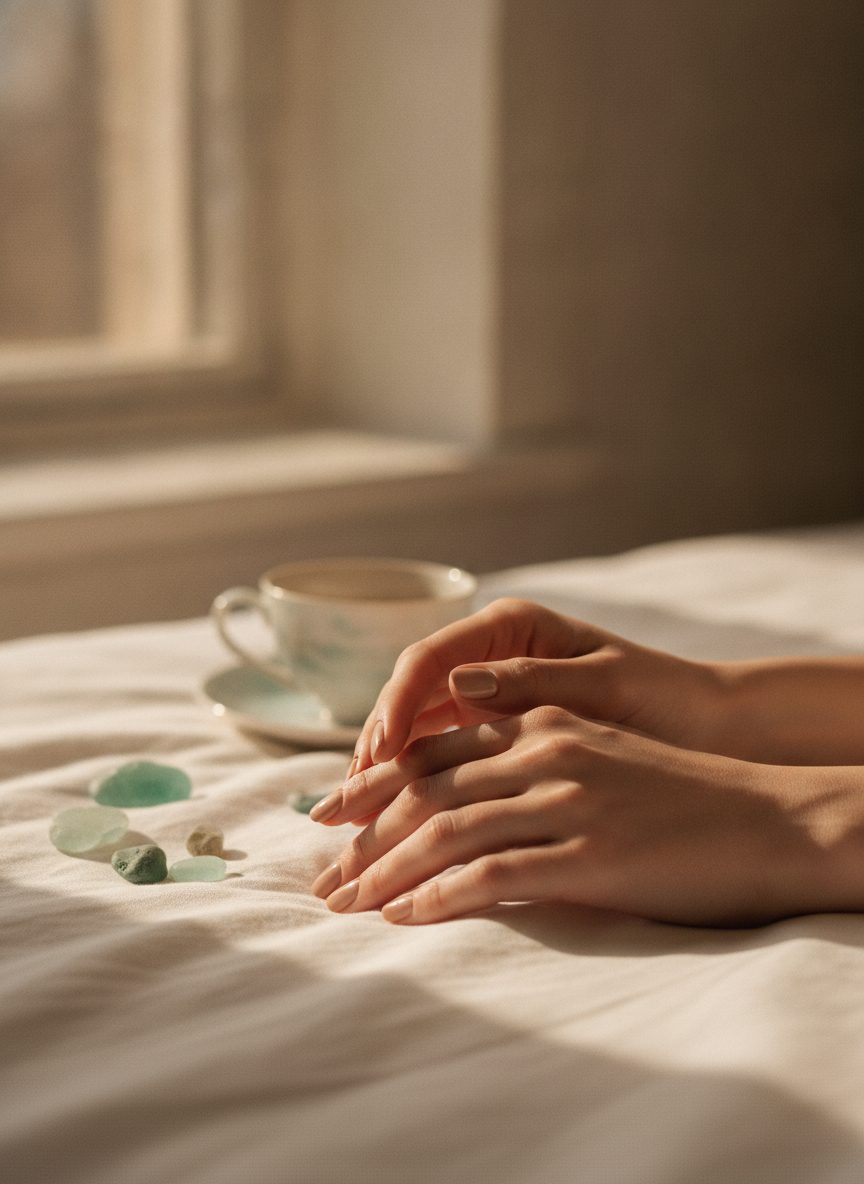 Relaxed hands with a glossy neutral manicure resting on white linen by a window