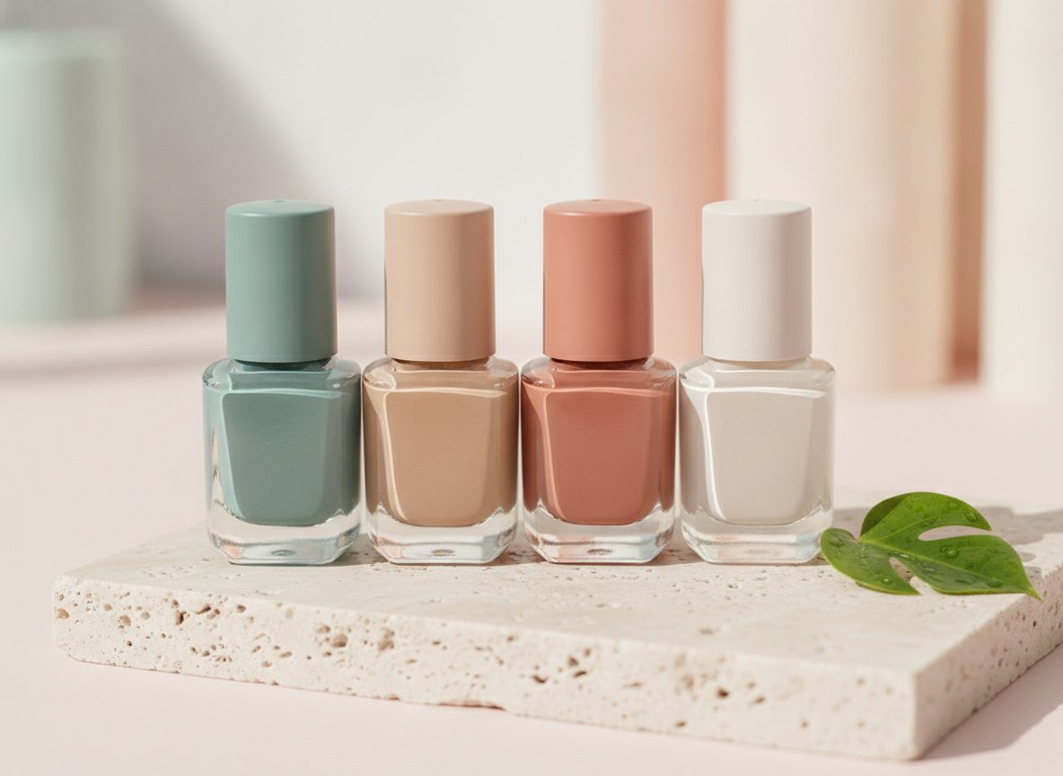 A row of nail lacquer bottles in muted spa shades on pale stone