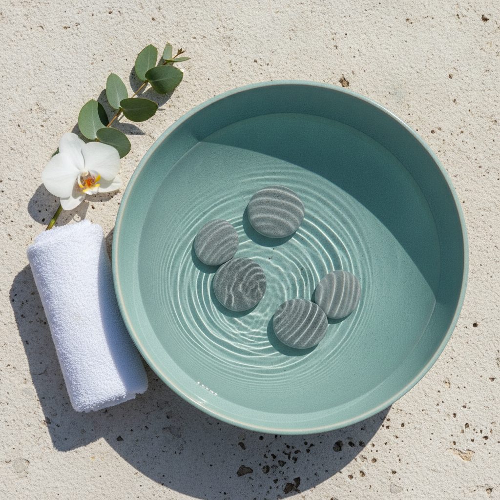 A calm pedicure footbath with clear water, smooth stones and eucalyptus
